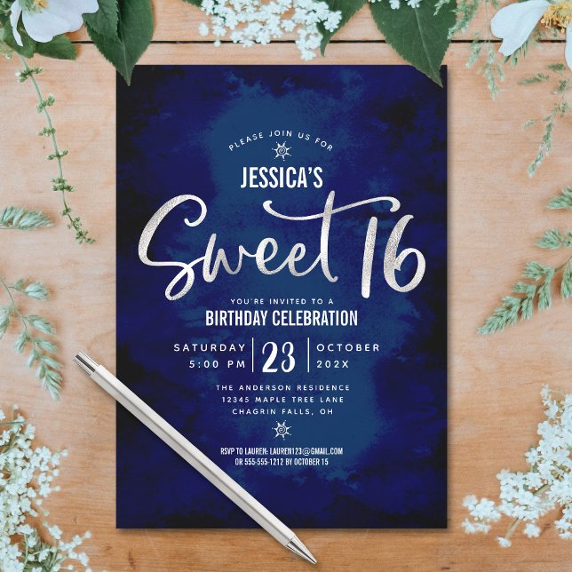 Convites Azul Real Prata Script Negrito Aniversário de Swee (Criador carregado)