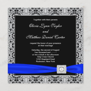 Convites Azul Real Preto Prata Renda Casamento
