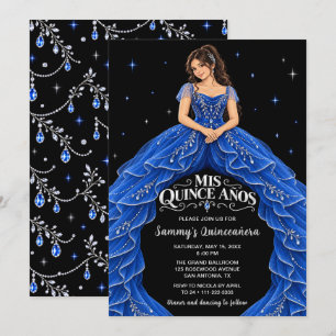 Convites Azul Real Princesa Quinceañera Prata
