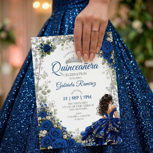 Convites Azul Real Quinceañera Borboletas Prateadas