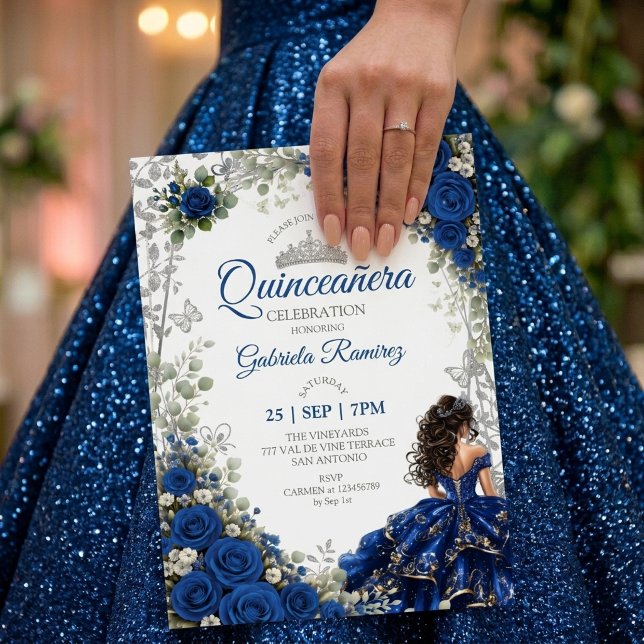 Convites Azul Real Quinceañera Borboletas Prateadas (Criador carregado)