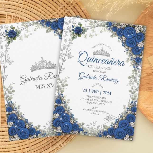 Convites Azul Real Quinceañera Borboletas Prateadas (Criador carregado)