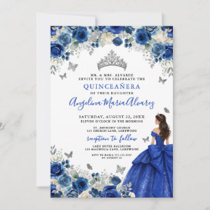 Convites Azul Real Quinceanera Prata