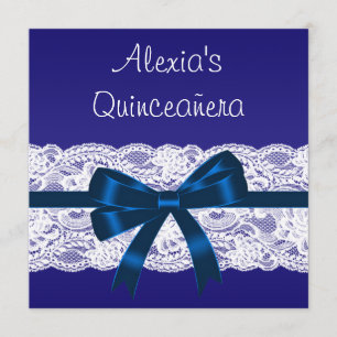 Convites Azul Real Renda Branca Quinceanera