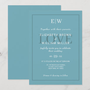 Convites Azul Retro Simples Elegante com Casamento Monogram
