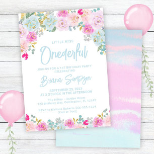 Convites Azul Rosa Flor de Pêssego Onederful Aniversário
