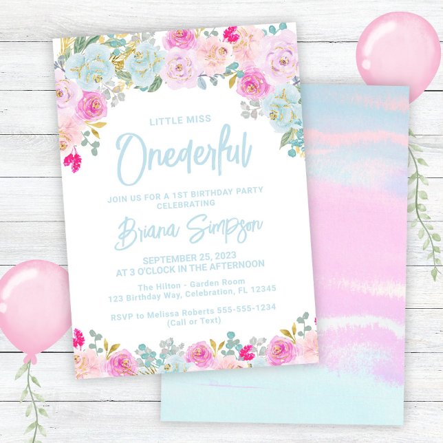 Convites Azul Rosa Flor de Pêssego Onederful Aniversário (Criador carregado)