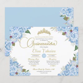 Convites Azul Rosa Floral Dourado Tiara Quinceanera