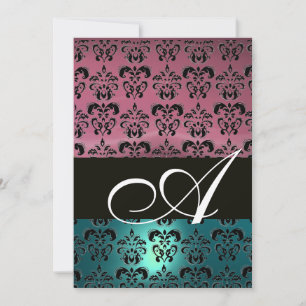 Convites AZUL ROSA PRETO DAMASCO MONOGRAMA, branco brilhant