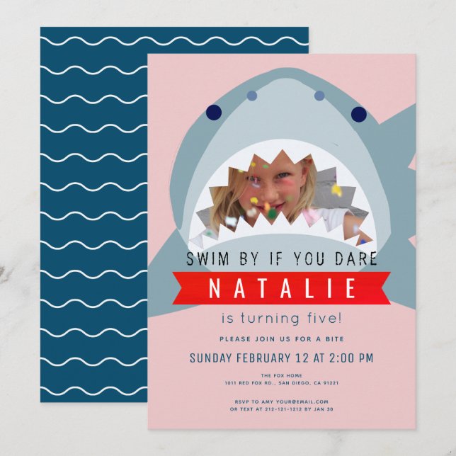 Convites Azul-rosa-tubarão e Marinho-Piscina Foto de aniver (Frente/Verso)