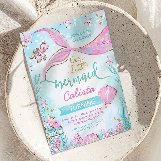 Convites Azul rosa, Whimssic Nosso Pequeno Aniversário Da S (Our Little Mermaid 1st Birthday Invitation, Editable Mermaid Birthday Party Invitation Instant)