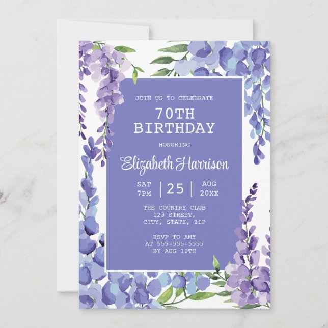 Convites Azul-roxa Wisteria Floral 70 Birthday (Frente)
