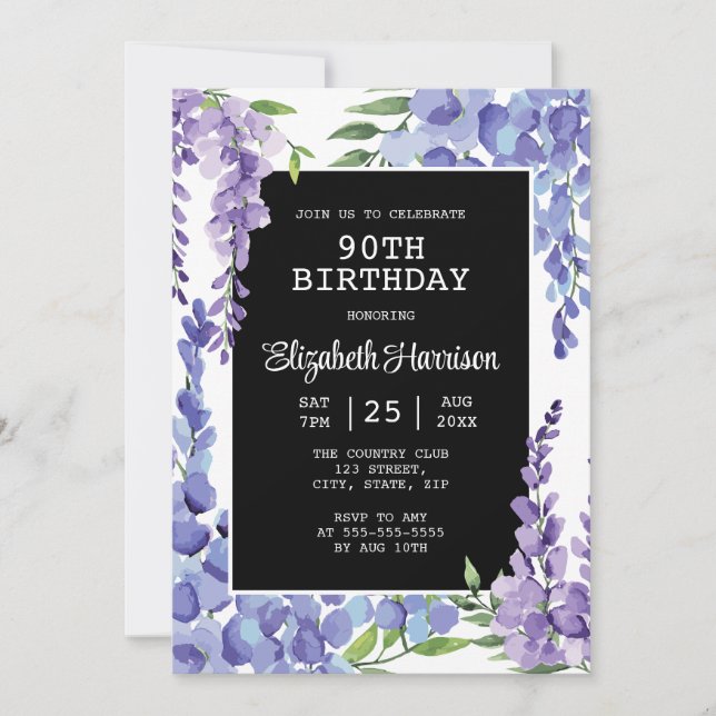 Convites Azul-roxa Wisteria Floral 90 Birthday (Frente)