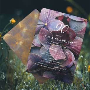 Convites Azul Roxo Dourado Hydrangea Surprise 90 Aniversári