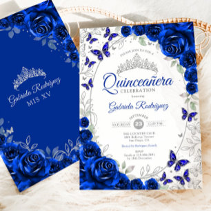 Convites Azul Royal Floral de Prata Quinceanera