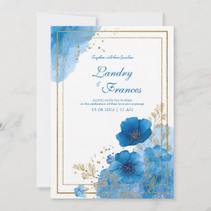 Convites Azul Safira Profundo Floral Aquarela com Folha de 