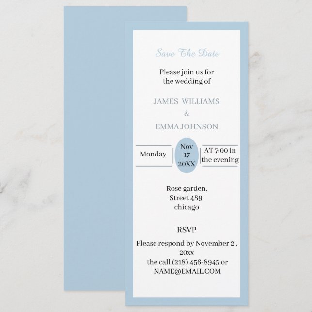 Convites Azul Simples Personalizado, Salvar A Data (Frente/Verso)