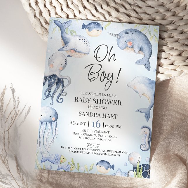 Convites Azul sob o mar cria Chá de fraldas para meninos (Boys Under The Sea Baby Shower Invitation Template, Editable Ocean Themed Baby Shower Invitation )