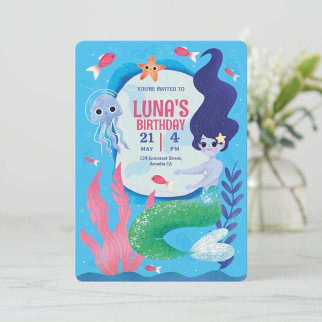 Convites Azul Sob O Mar, Sereia Azul Aniversário (Em pé/Frente)