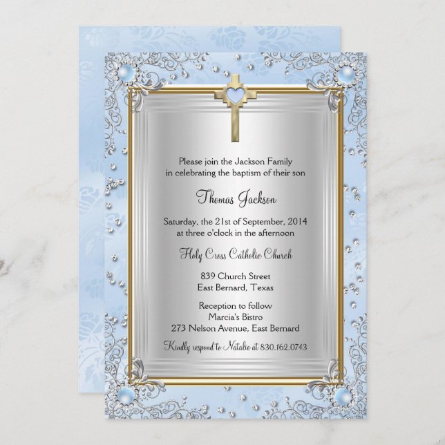 Convites Azul-Sparkle Jewel Baptism Christening Dourado (Frente/Verso)