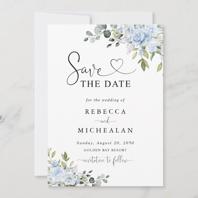 Convites Azul Suave Botânico de Casamento Save The Date (Frente)