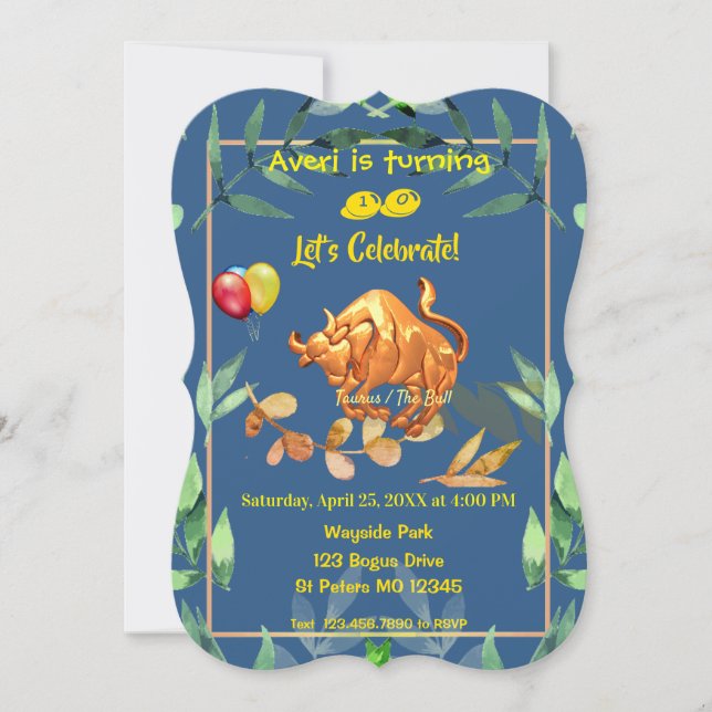 Convites Azul Taurus Aniversário (20 de abril - 20 de maio) (Frente)