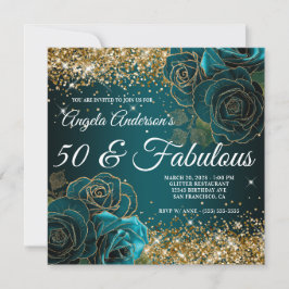 Convites Azul Teal Floral Dourado Brilho Glam 50 & Fabuloso