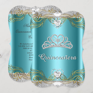 Convites Azul Teal Prata Dourado Festa de Aniversário Quinc