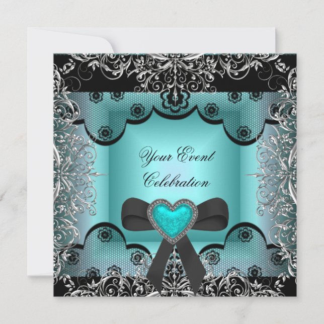 Convites Azul Teal Prata Preto Renda Elegante Festa (Frente)