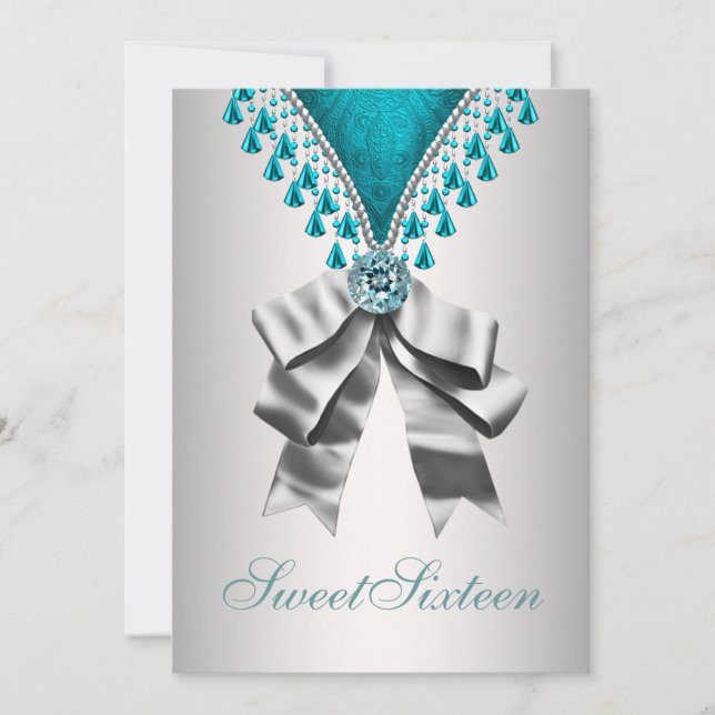Convites Azul-Teal-Prateado Doce Dezesseis Festas de aniver (Frente)
