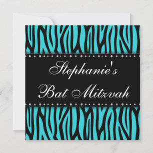Convites Azul-Teal Zebra Impresso Diamantes Bat Mitzvah