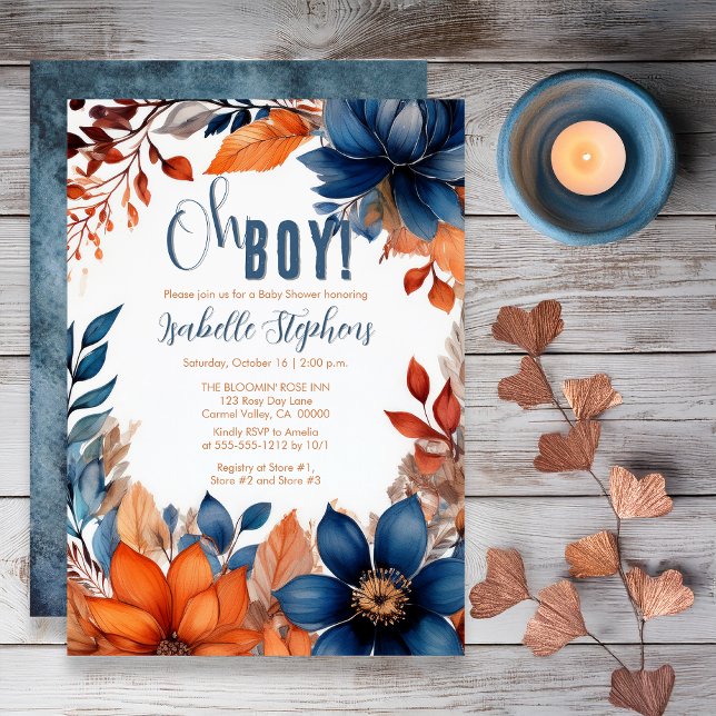 Convites Azul | Terracotta Oh Boy Fall Chá de fraldas Flora (Boho Blue and Terracotta Fall |  Autumn Floral "Oh Boy!" Baby Shower Invitation - Print | Digital)