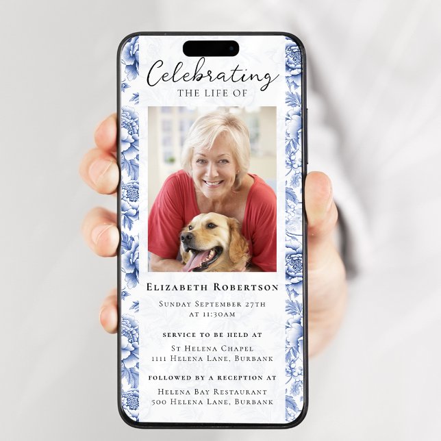 Convites Azul Toile Floral Foto Funeral Evento Digital (Criador carregado)
