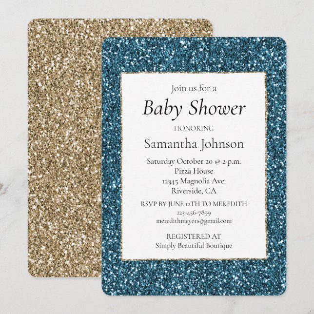 Convites Azul Turquesa Brilho Baby Shower (Frente/Verso)