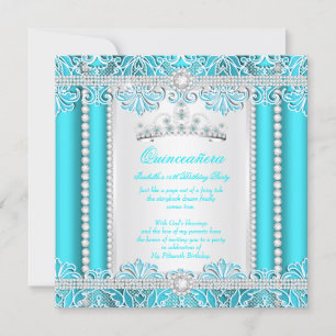 Convites Azul Turquesa com Renda Princesa Quinceanera Diama