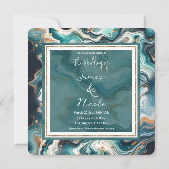 Convites Azul Turquesa Dourado Branco Moderno Casamento de  (Frente)