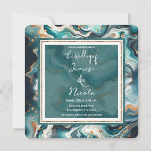 Convites Azul Turquesa Dourado Branco Moderno Casamento de