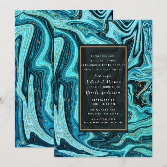 Convites Azul Turquesa e Dourado Chic Swirl Moderno Chá de  (Frente/Verso)