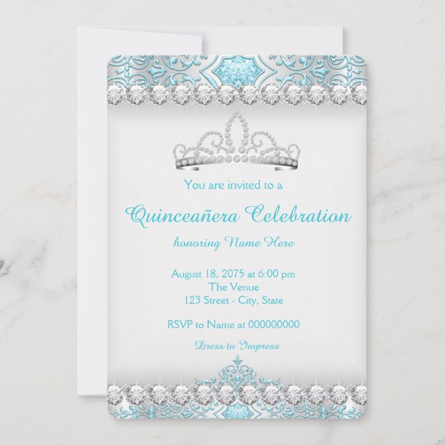 Convites Azul Turquesa e Prata Diamante Princesa Quinceaner (Frente)