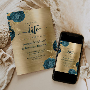 Convites Azul Turquesa Floral Dourado Glam Casamento Salve