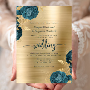 Convites Azul Turquesa Floral Dourado Metal Casamento Escov