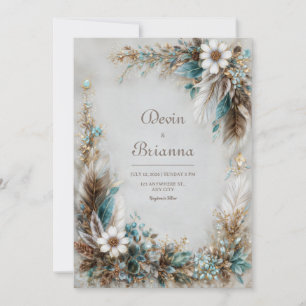 Convites Azul Turquesa Marrom Pena Branco Floral Casamento