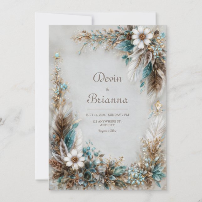 Convites Azul Turquesa Marrom Pena Branco Floral Casamento (Frente)