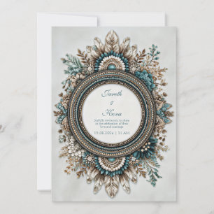 Convites Azul Turquesa Marrom Pena Floral Rústico Casamento