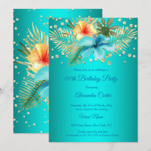 Convites Azul turquesa Palmas douradas amarelas floral Aniv