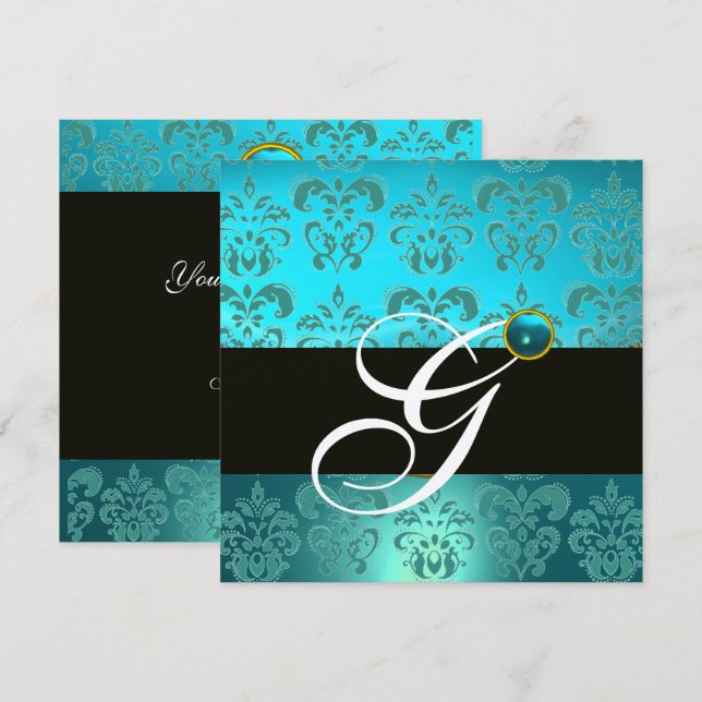 CONVITES AZUL TURQUESA PRETO PRATA DAMASCO MONOGRAMA (Frente/Verso)