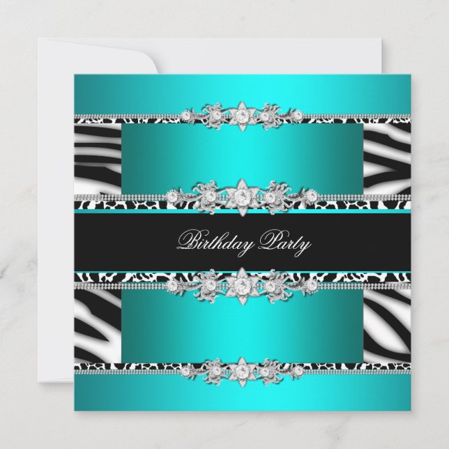 Convites Azul Turquesa Preto Zebra Branco Jóia Festa de Ani (Frente)