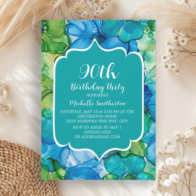 Convites Azul verde 90 de aquarela verde (Blue and green alcohol ink 90th birthday party invitation)