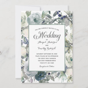 Convites Azul Verde Branco Floral Elegante Formal Casamento