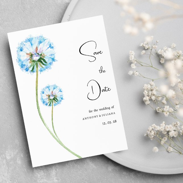 Convites Azul, verde-dandelion floral Salve a data (Blue lilac green dandelion floral Save the Date)